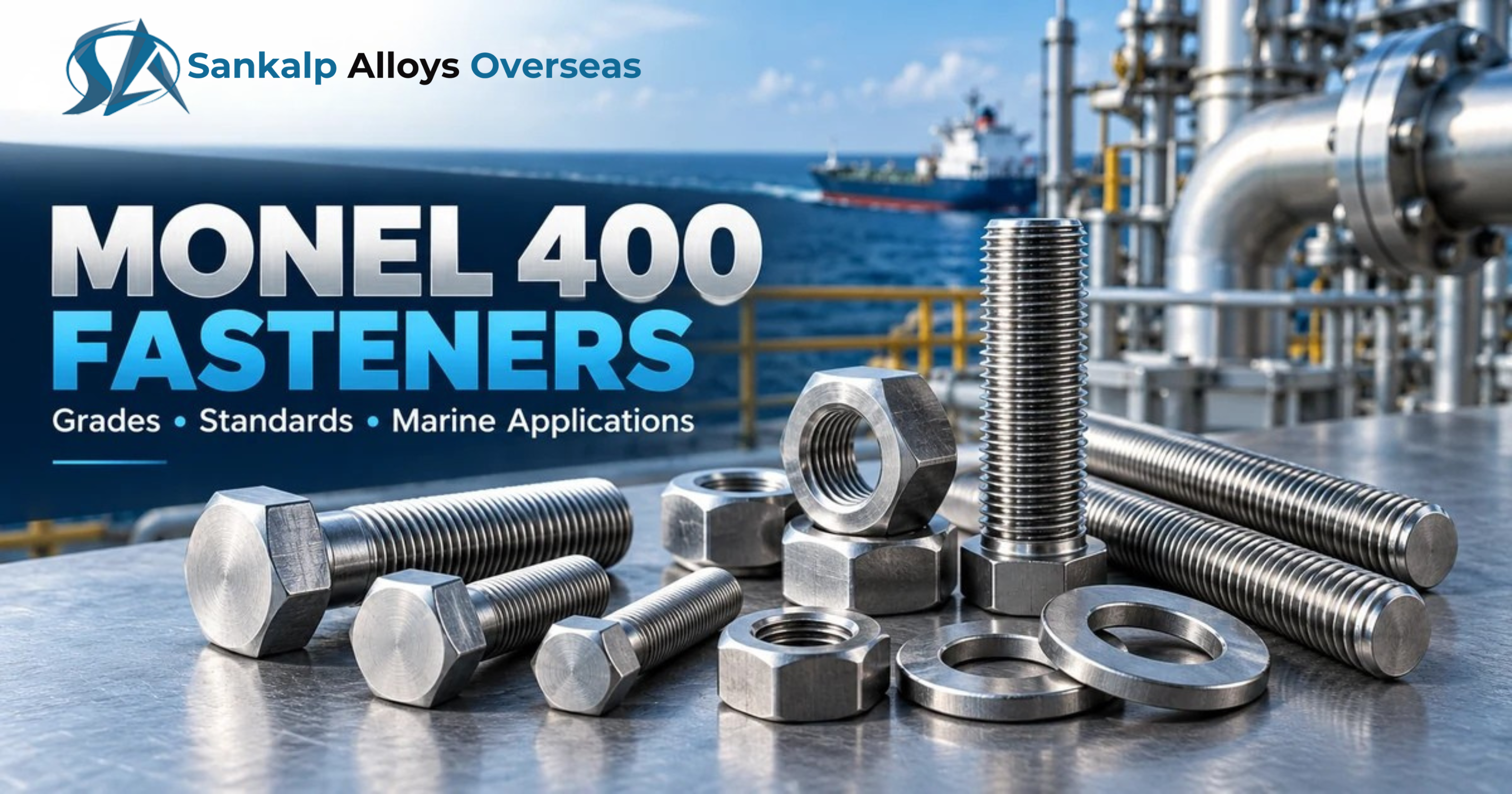 Monel 400 nickel copper fasteners including threaded bolts studs nuts and washers near marine equipment